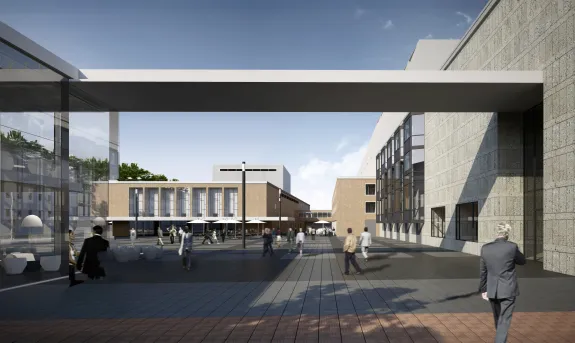 Visualisierung des kleinen Hauses (links) und des Schauspielhauses (im Hintergrund). Davor der Dirk-Bach-Platz.