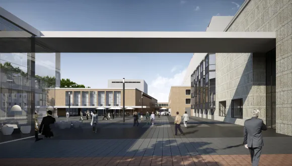 Visualisierung der sanierten Bühnen am Offenbachplatz. Links das neue, kleine Haus, hinten das Schauspielhaus, rechts die Seitenansicht der Oper.