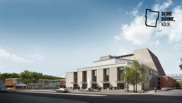 Visualisierung des Opernhauses am Offenbachplatz bei Tag. Frontalansicht.