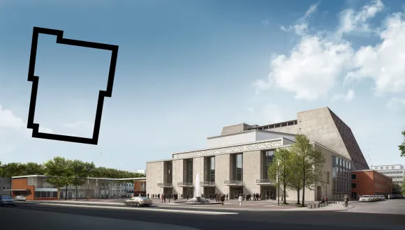Visualisierung des Opernhauses am Offenbachplatz bei Tag. Frontalansicht.
