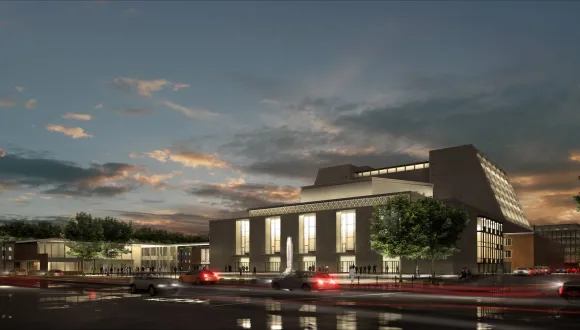 Visualisierung des Offenbachplatzes bei Nacht. In der Mitte das große Opernhaus, links davon das neue Haus sowie das Schauspielhaus.